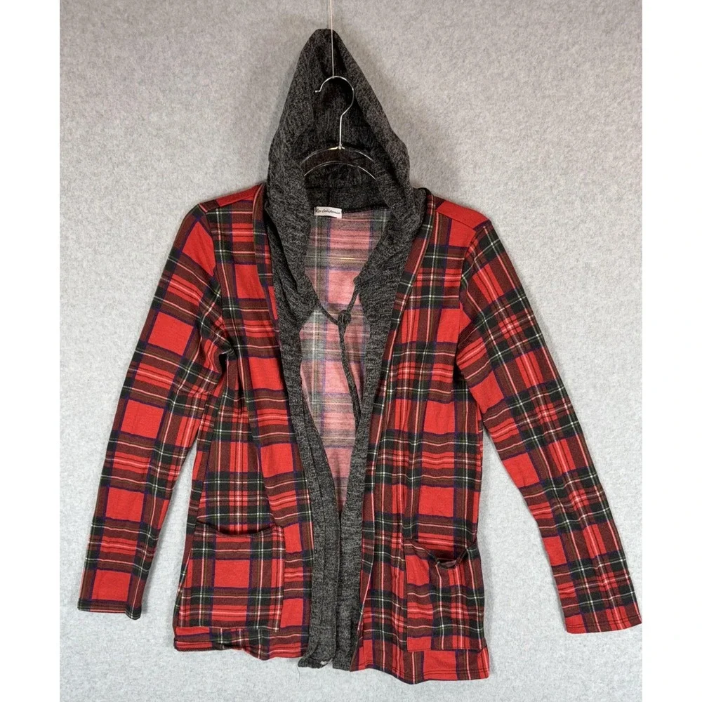 Egs California Cardigan Womens Small Red Plaid Open Front Hooded Sweater Pockets
